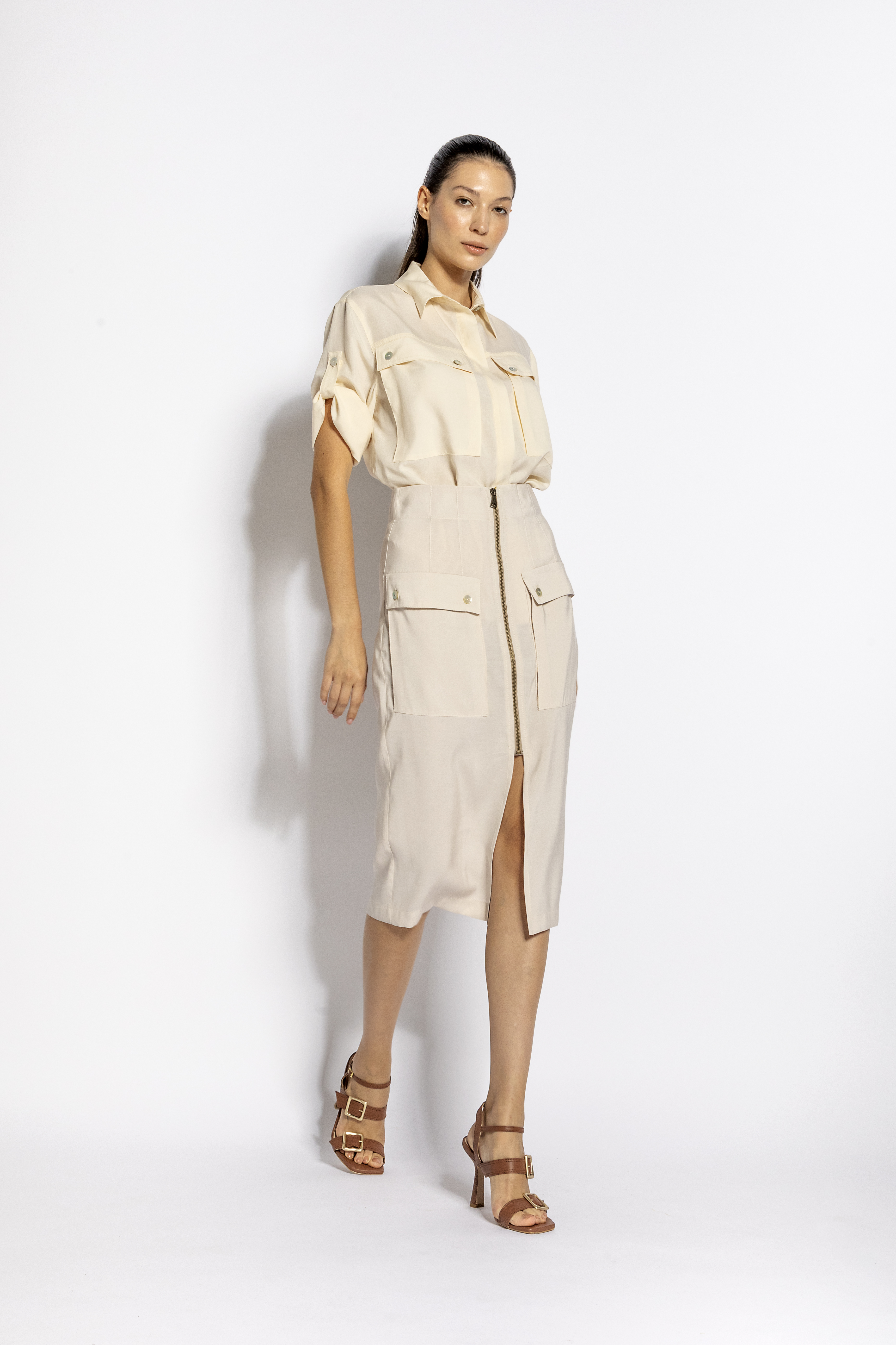 Gonna midi con tasche e zip in tencel