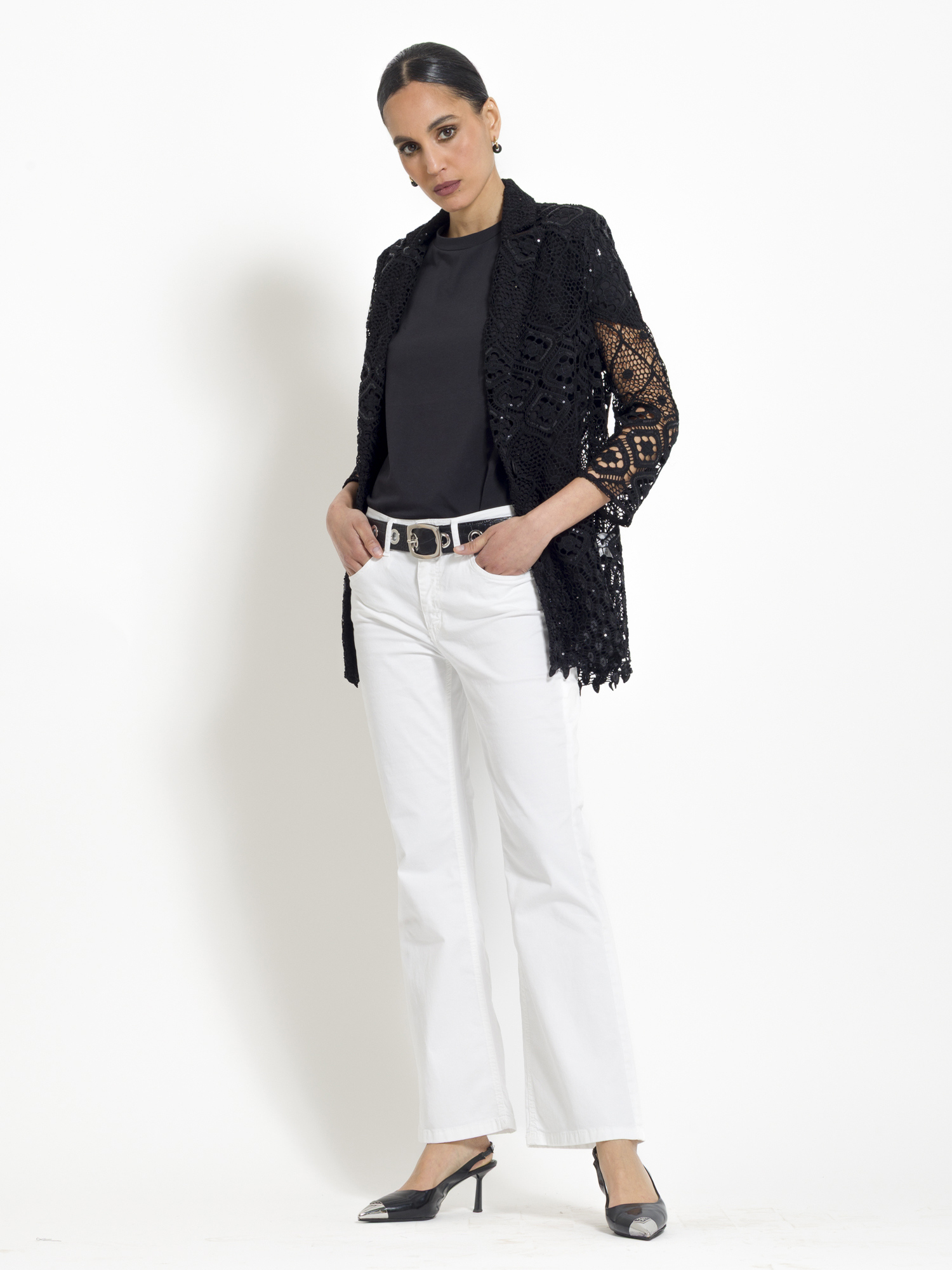 Single-breasted macrame fabric jacket with sequins