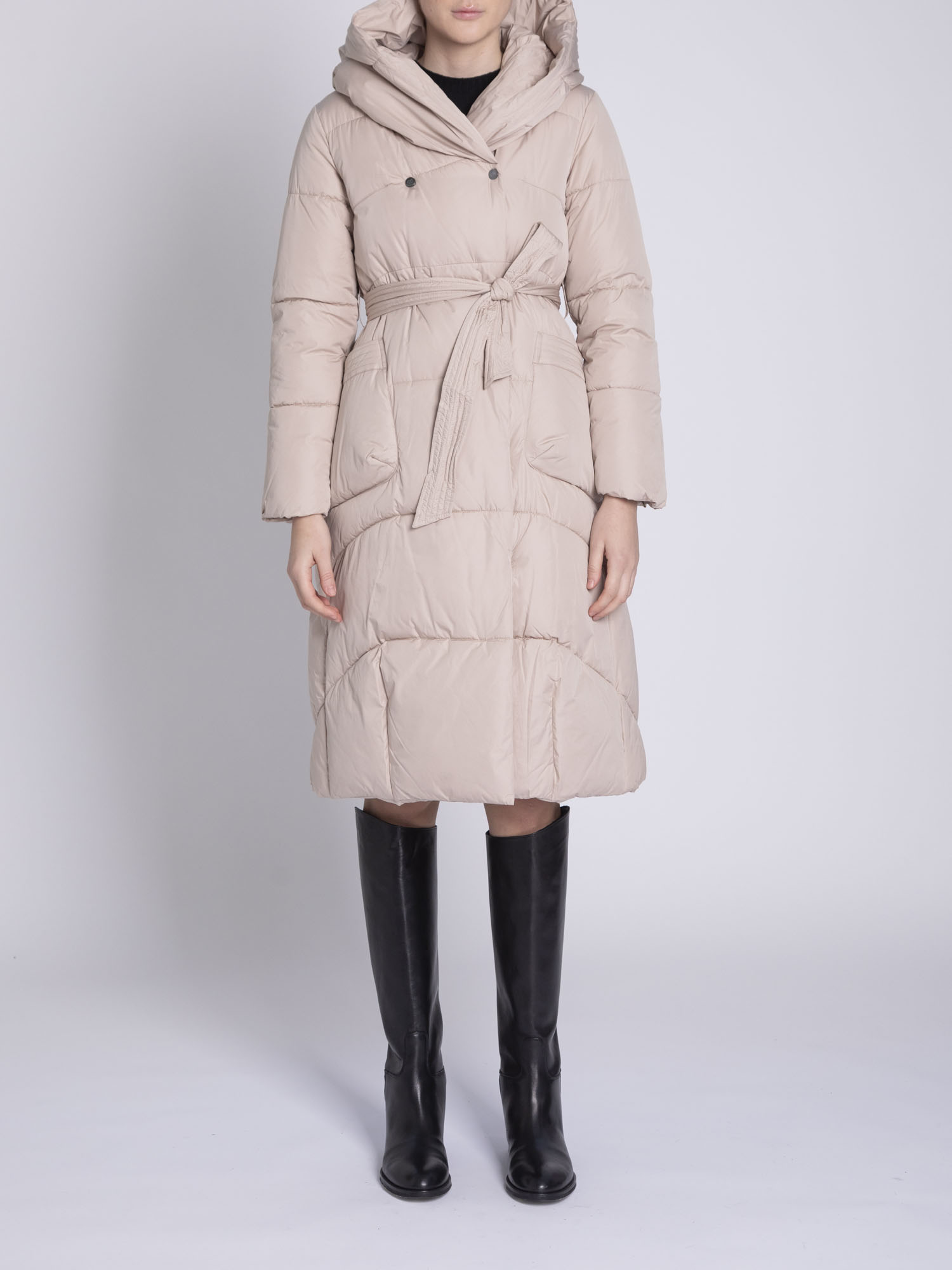 Long double-breasted down jacket with hood