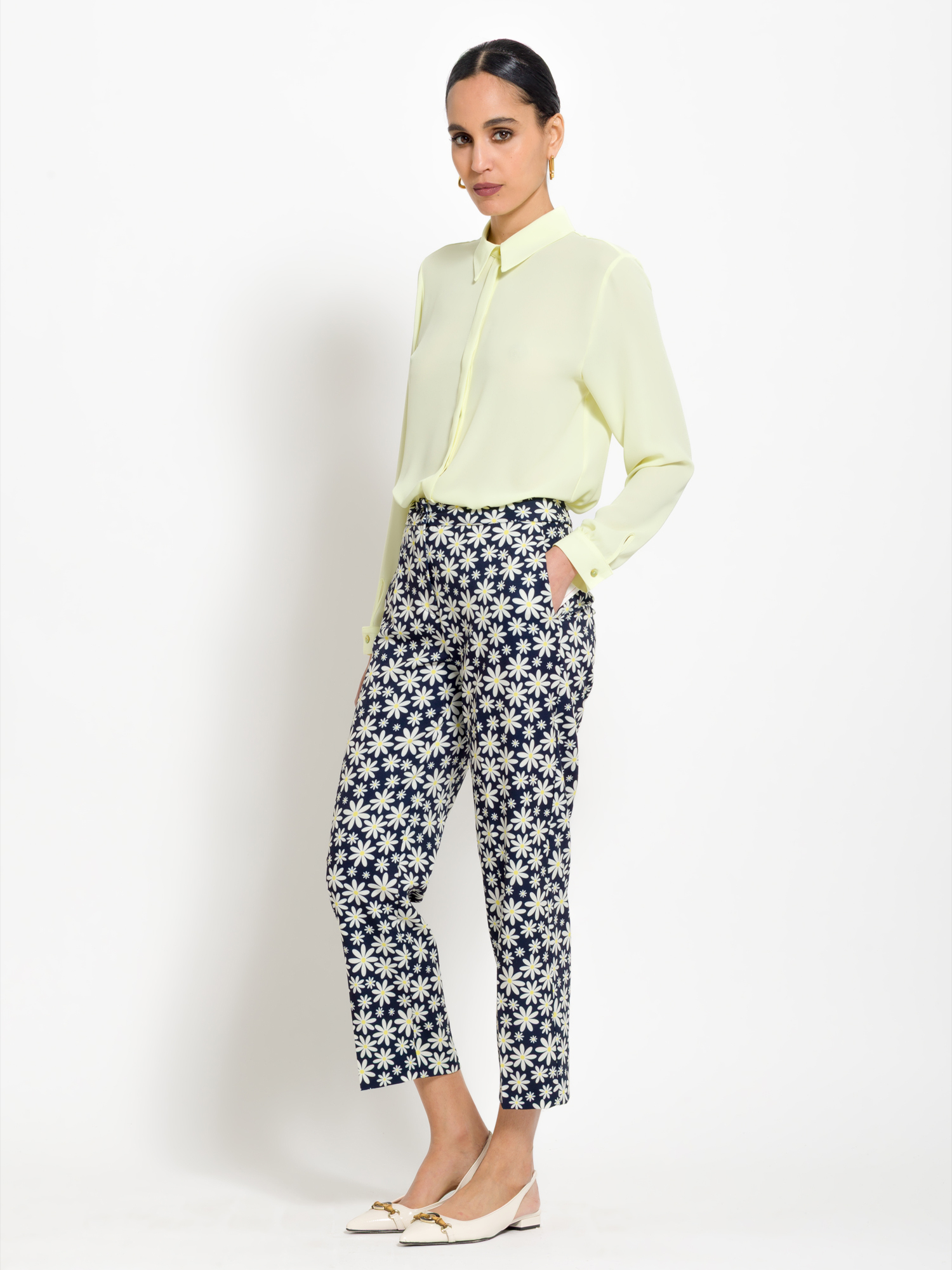 Viscose shirt with concealed button closure.