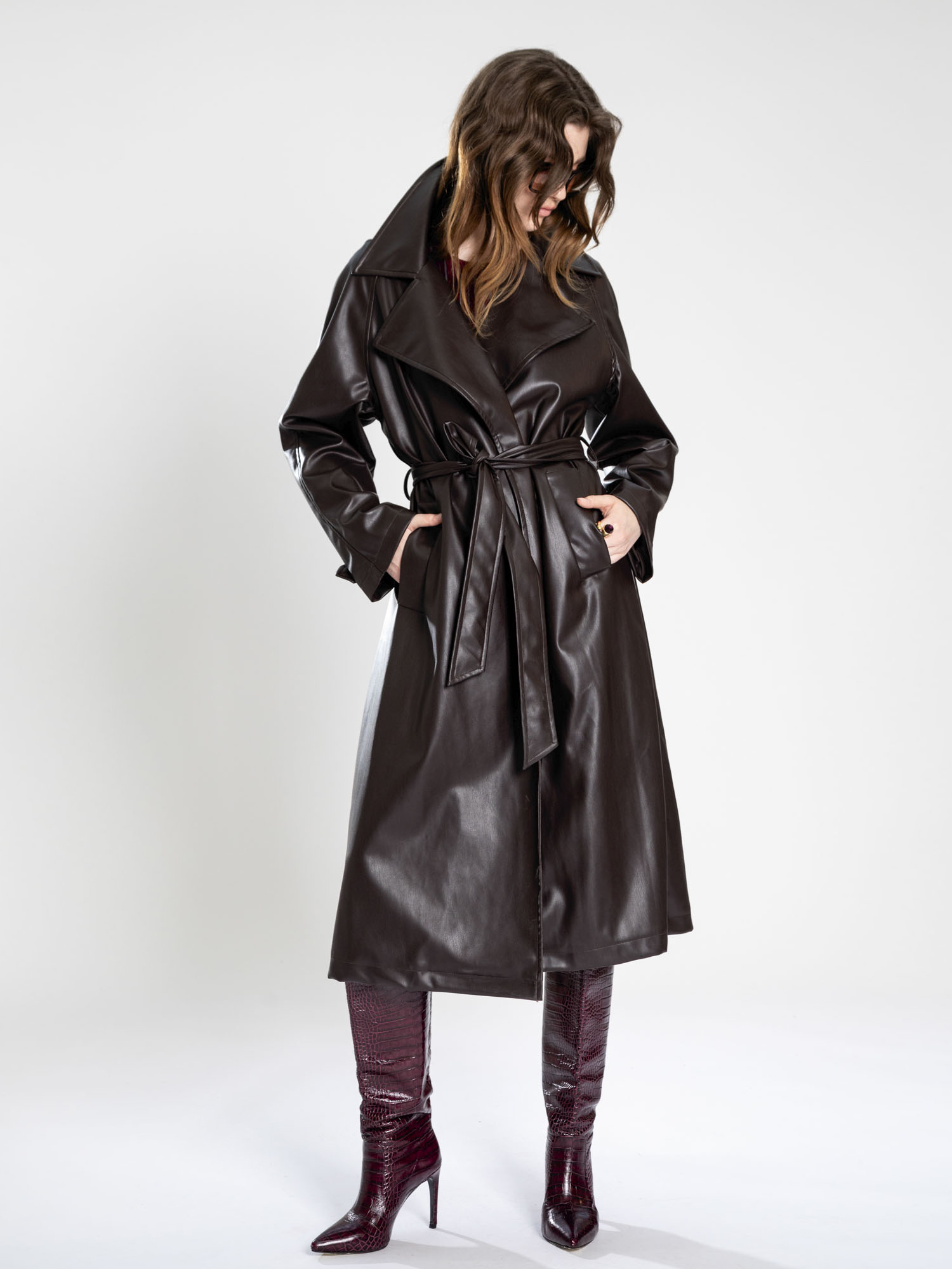 Faux leather trench coat with belt