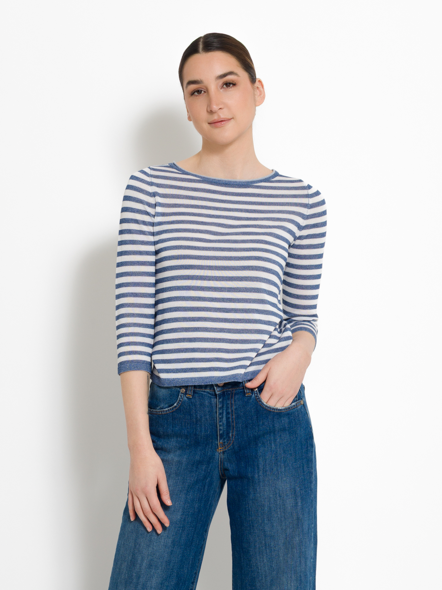 Three-quarter sleeve striped sweater