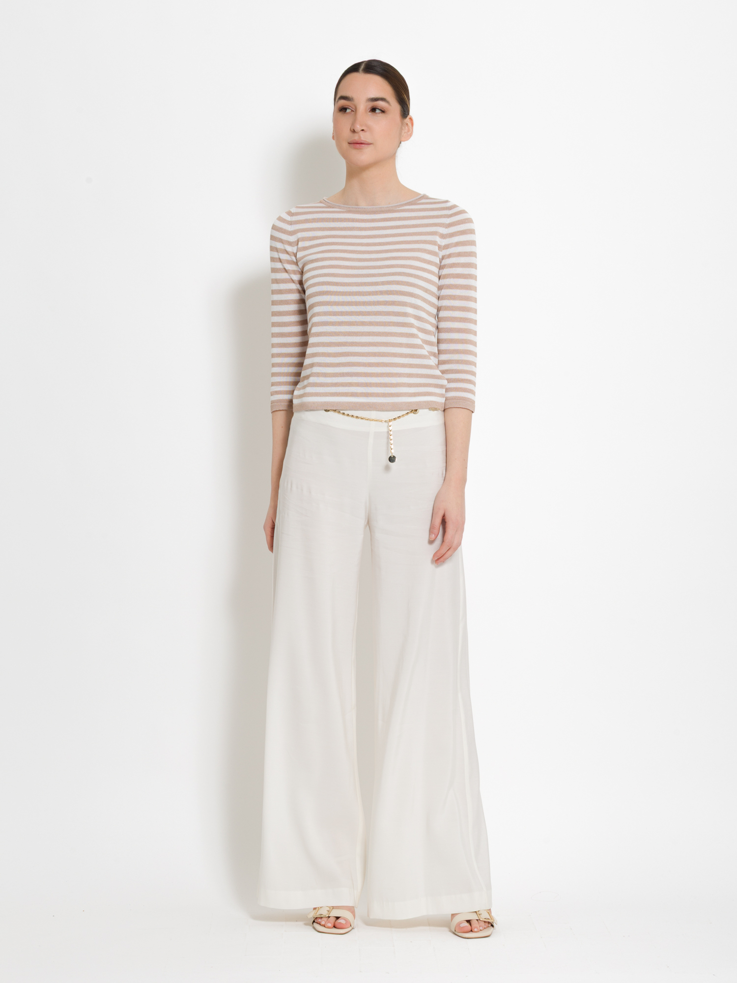 Three-quarter sleeve striped sweater